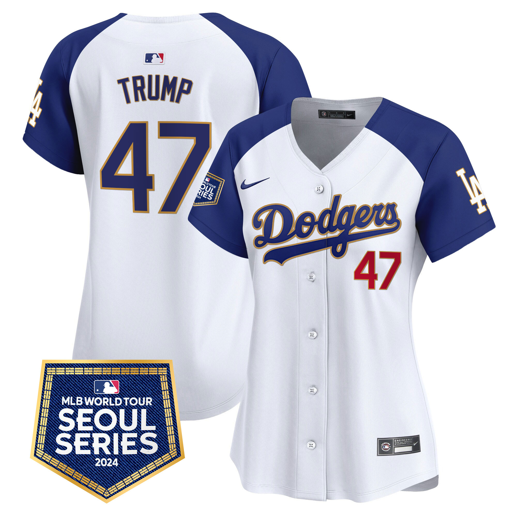 Donald Trump Women's Los Angeles Dodgers 2024 World Tour Seoul Series Patch Vapor Premier Limited White Alternate Jersey - All Stitched