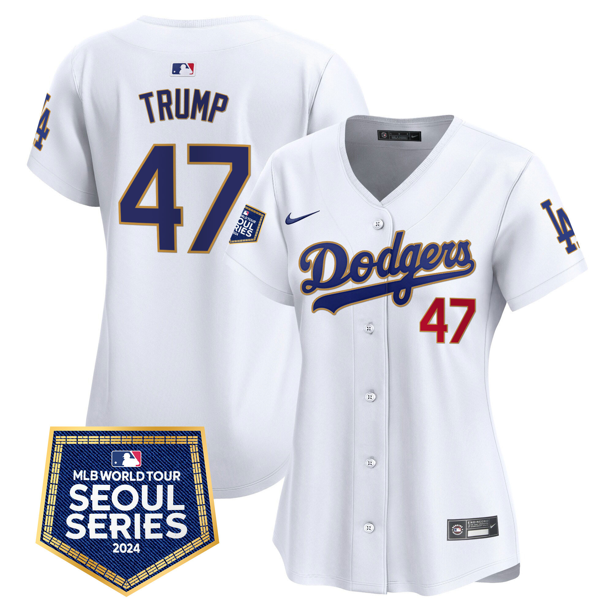 Donald Trump Women's Los Angeles Dodgers 2024 World Tour Seoul Series Patch Vapor Premier Limited White Jersey - All Stitched
