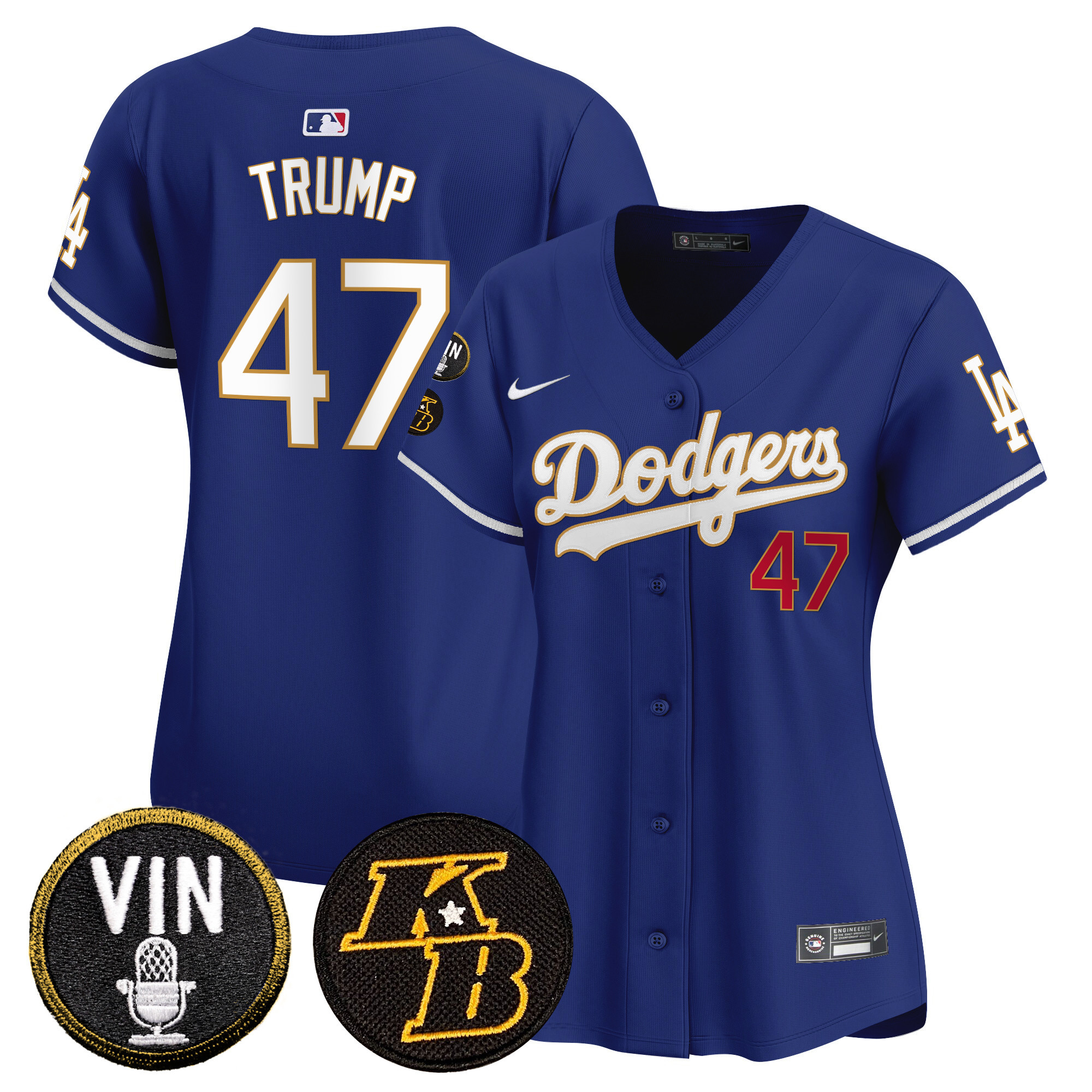 Donald Trump Women's Los Angeles Dodgers Vin & Kobe Patch Gold Trim Vapor Premier Limited Royal Jersey - All Stitched