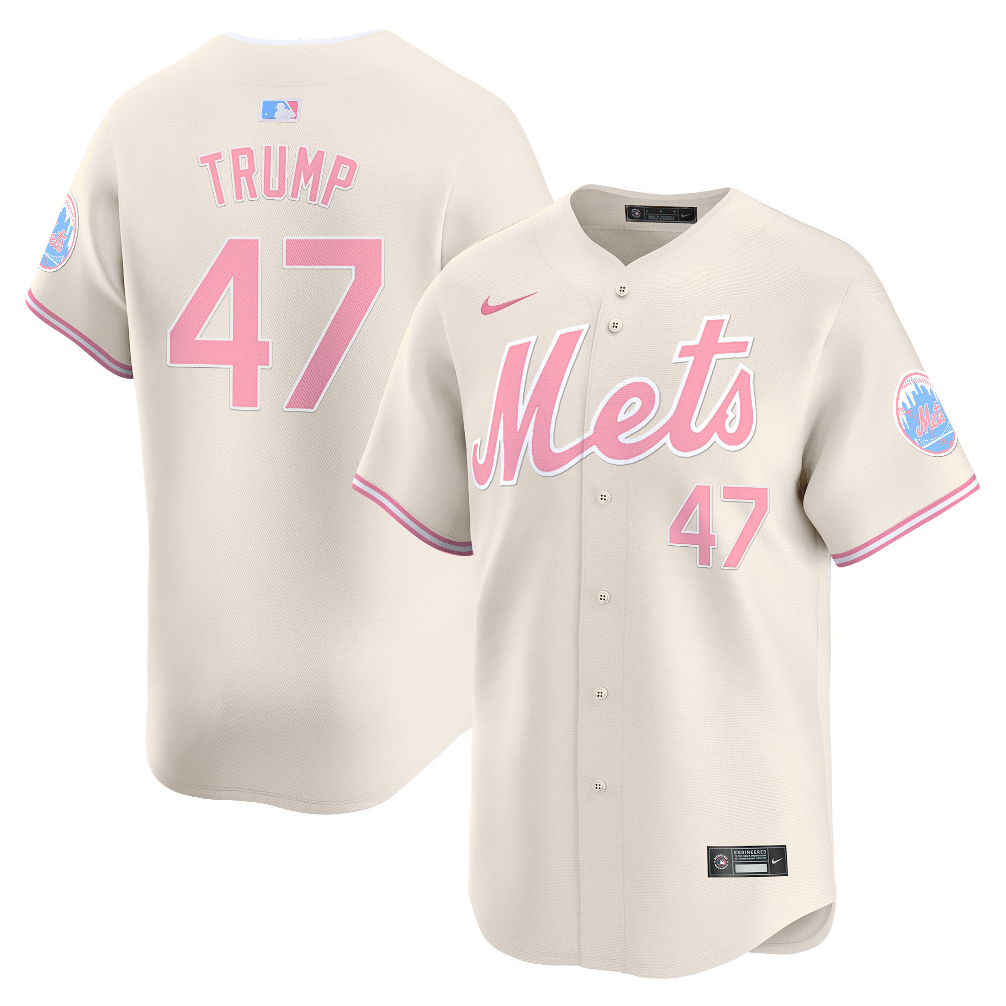 Donald TrumpUnisex New York Mets Bubblegum Pink Vapor Premier Limited Cream Jersey - All Stitched