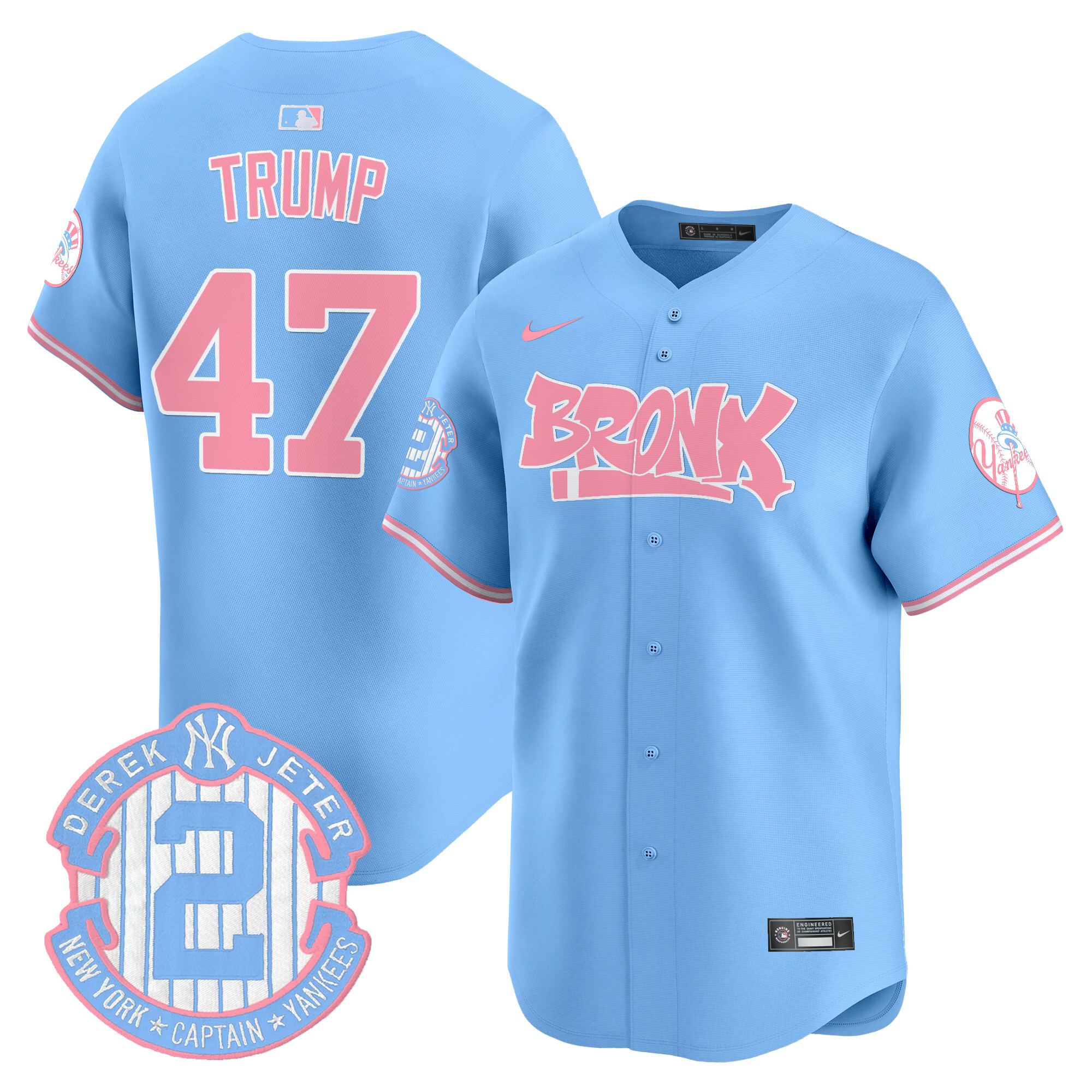 Donald TrumpUnisex New York Yankees The Bronx Graffiti Bubblegum Pink Vapor Premier Limited Light Blue Jersey - All Stitched