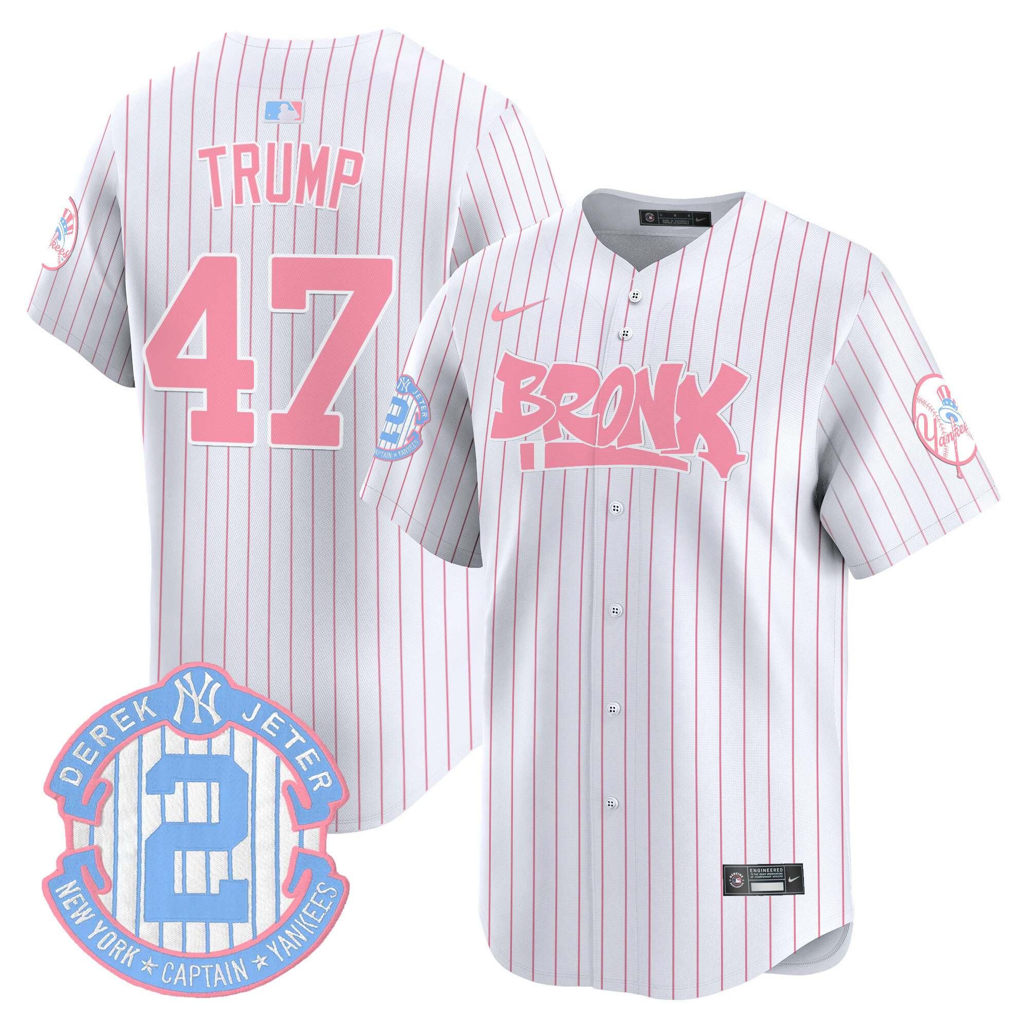 Donald TrumpUnisex New York Yankees The Bronx Graffiti Bubblegum Pink Vapor Premier Limited Pinstripe Jersey - All Stitched