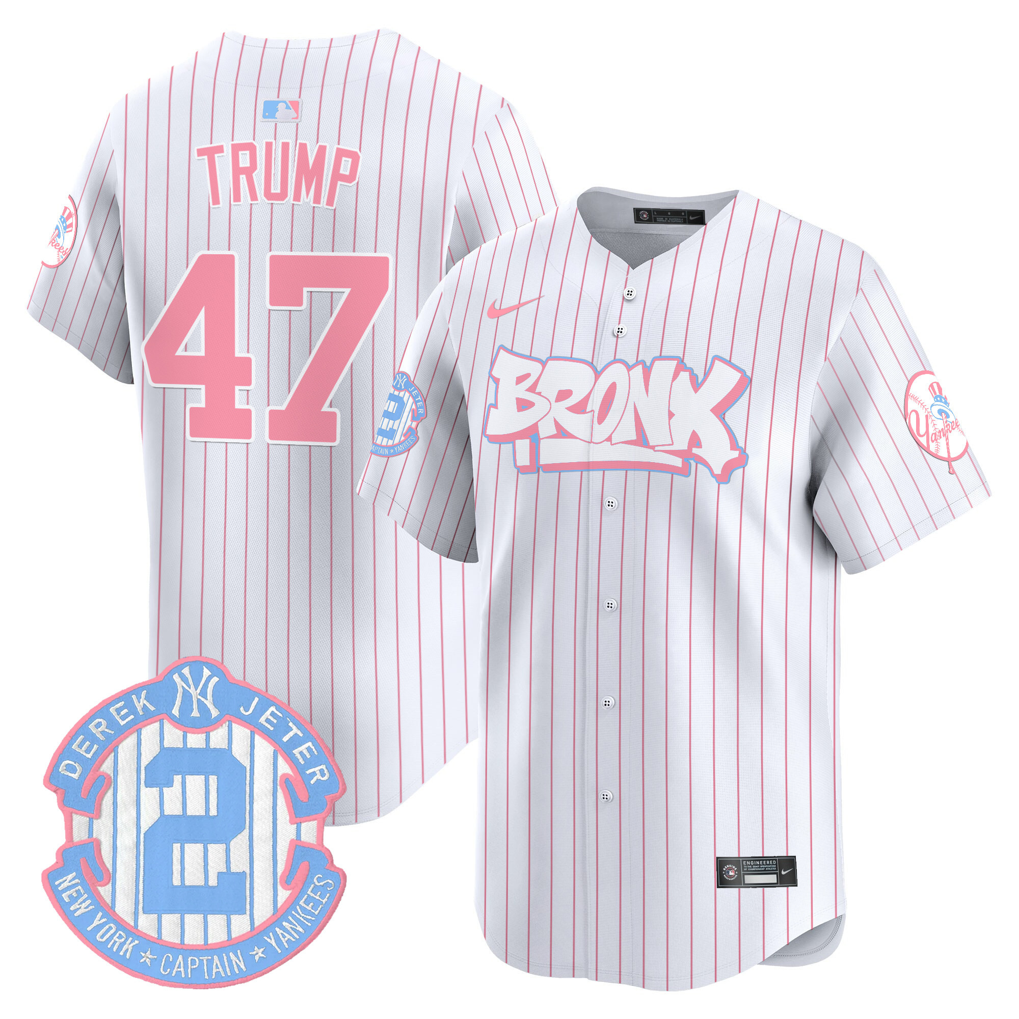 Donald TrumpUnisex New York Yankees The Bronx Graffiti Bubblegum Pink Vapor Premier Limited Pinstripe Jersey V2 - All Stitched