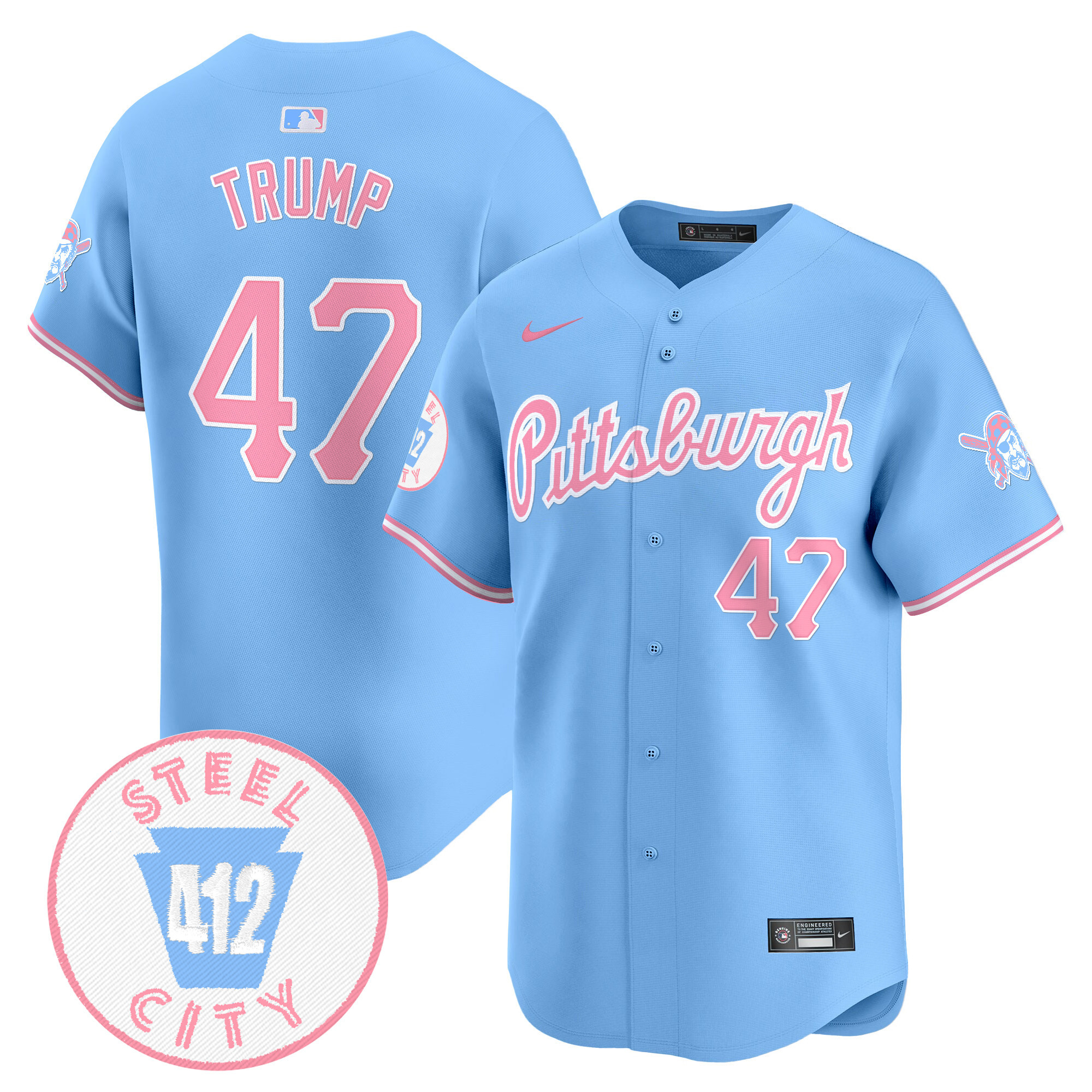 Donald TrumpUnisex Pittsburgh Pirates Bubblegum Pink Vapor Premier Limited Light Blue Jersey - All Stitched
