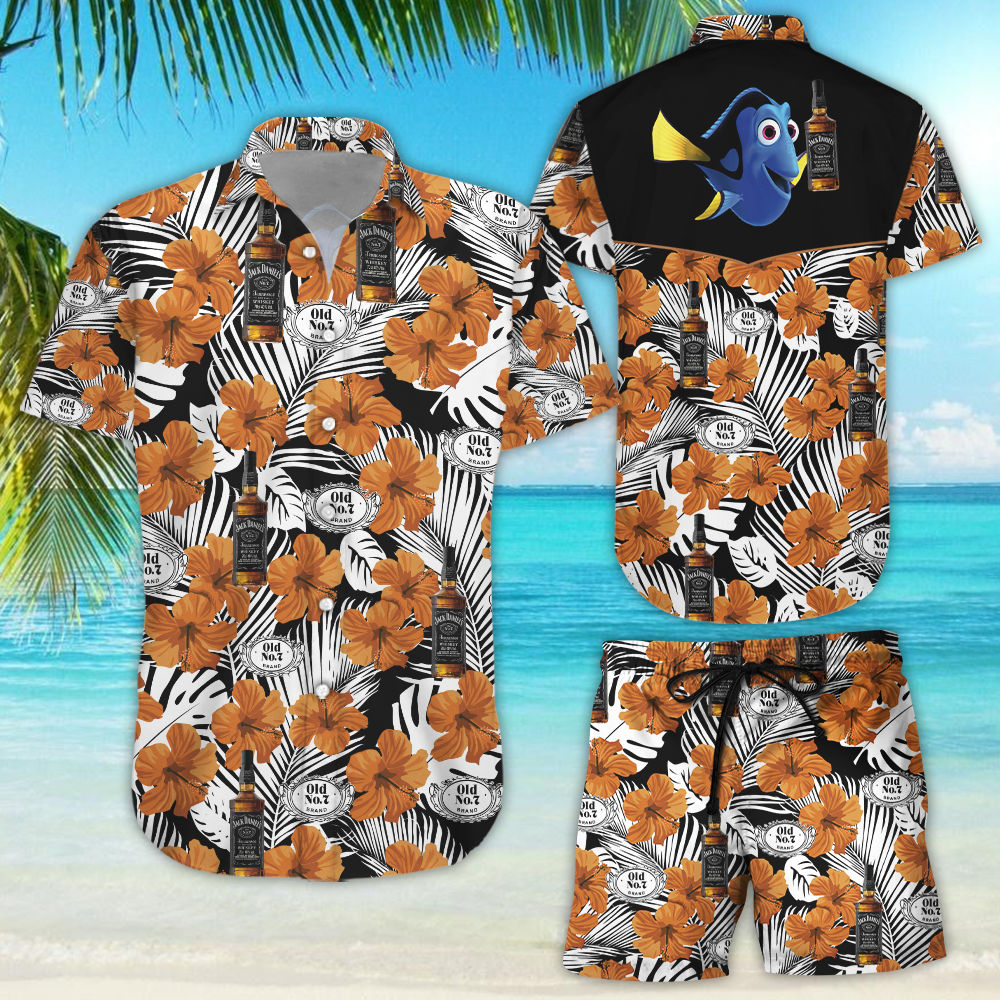 Dory Jack Daniels Tennessee Whiskey Hawaiian Aloha Shirt Hawaiians Beach Shirt
