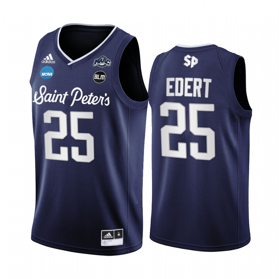 Doug Edert Saint Peter's Peacocks Navy Jersey 2022 NCAA March Madness BLM