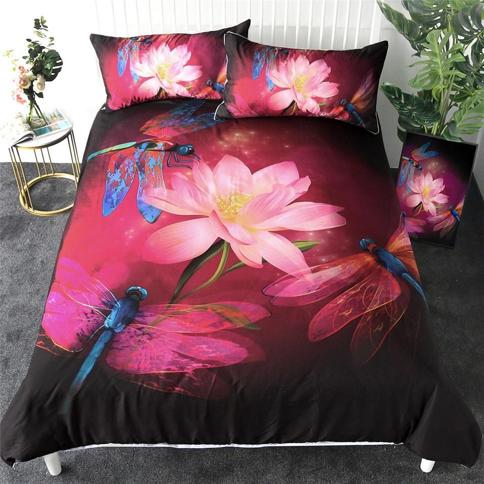 Dragonflies On Lotus Flowers 3D Customized Duvet Cover Bedding Set