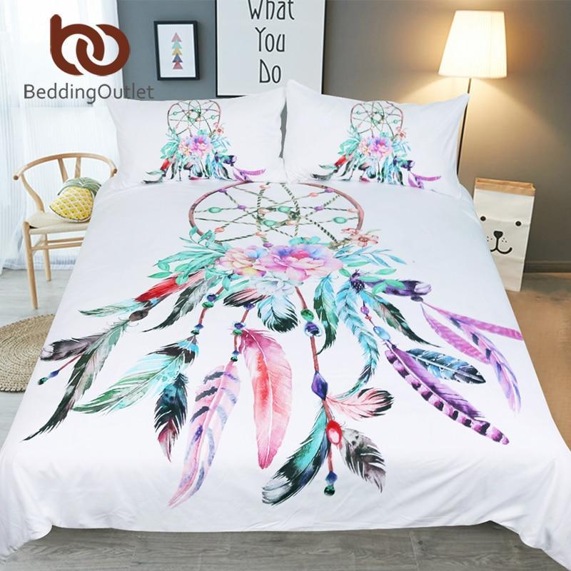 Dreamcatcher Queen Beautiful Feathers Bohemian White 3D Customized Duvet Cover Bedding Set
