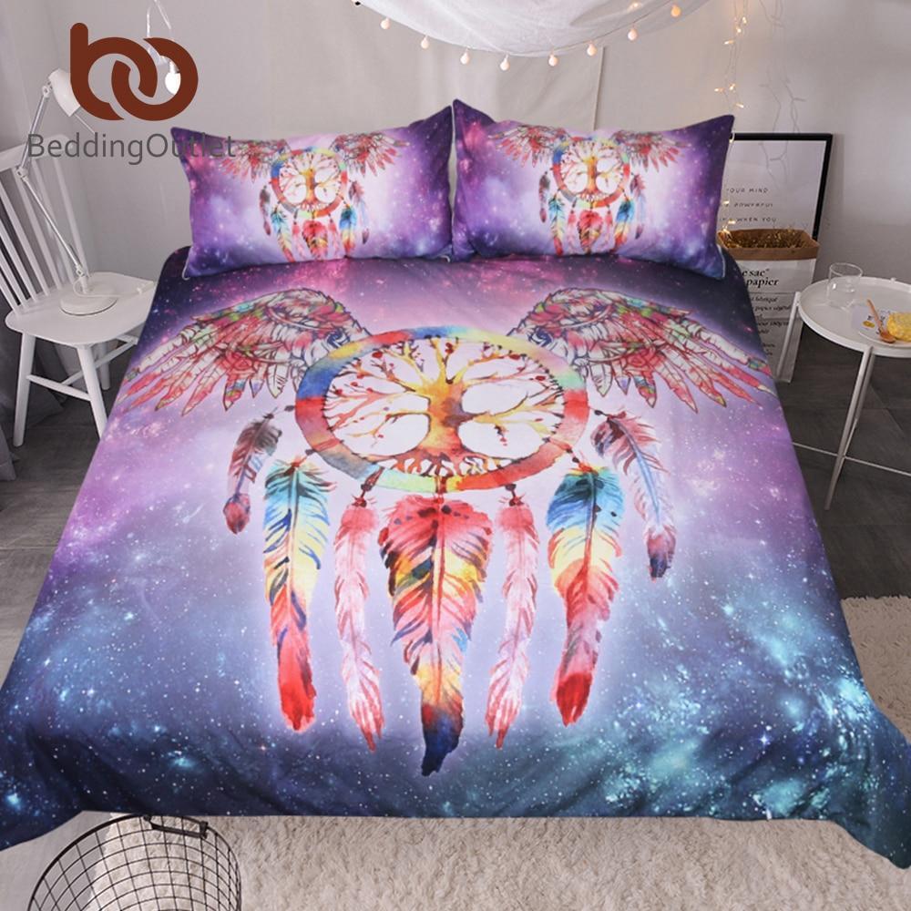 Dreamcatcher Queen Colorful Feathers Boho Life Tree Galaxy Nebula 3D Customized Duvet Cover Bedding Set