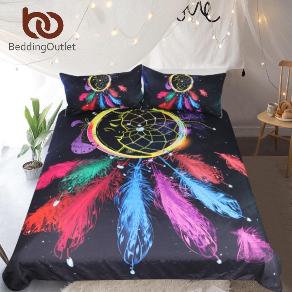 Dreamcatcher Queen Colorful Feathers Night Moon Black Bohemian 3D Customized Duvet Cover Bedding Set