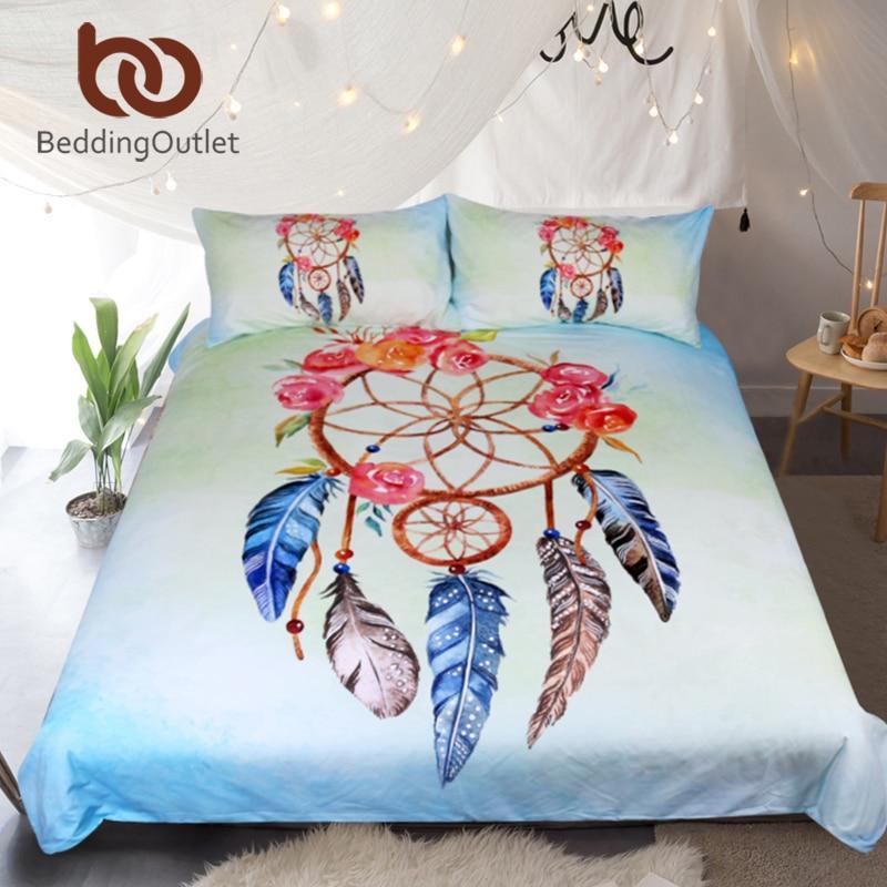 Dreamcatcher Queen Floral Rose Quilt Cover Feathers Print Blue 3D Customized Duvet Cover Bedding Set