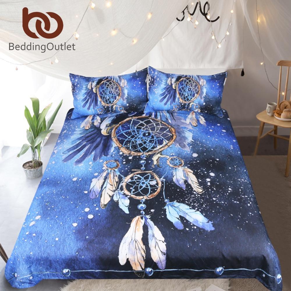 Dreamcatcher Queenize Feather Blue Printed Boho Bald Eagle 3D Customized Duvet Cover Bedding Set