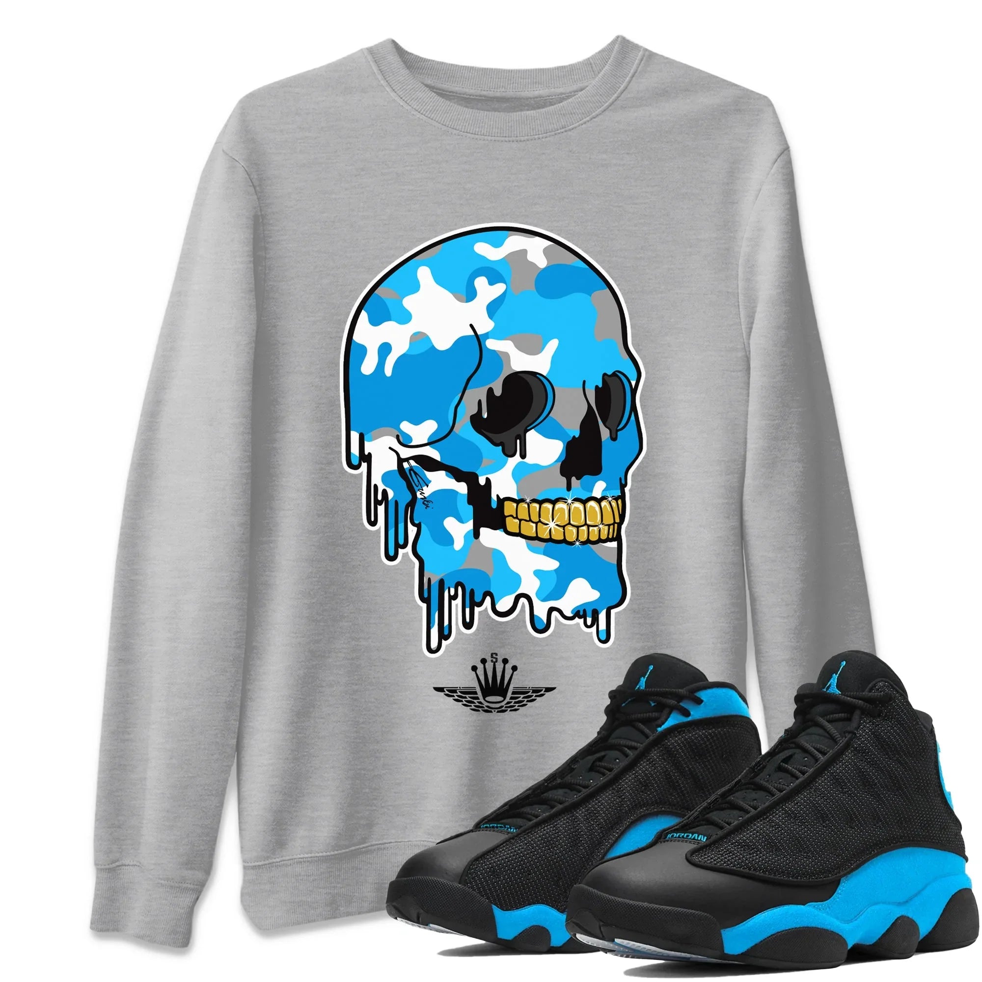 Dripping Camo Skull Unisex Sweater – Air Jordan 13 UNC, Sneakers Matching Sweater