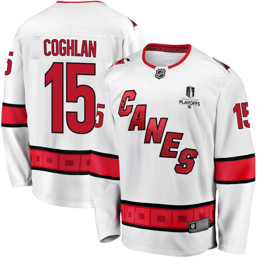 Dylan Coghlan 15 Carolina Hurricanes Stanley Cup 2023 Playoffs Patch Away Breakaway Men Stitched Jersey – White