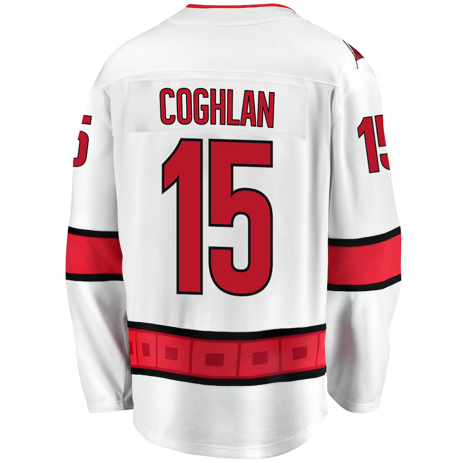 Dylan Coghlan 15 Carolina Hurricanes Stanley Cup 2023 Playoffs Patch Away Breakaway Men Stitched Jersey – White