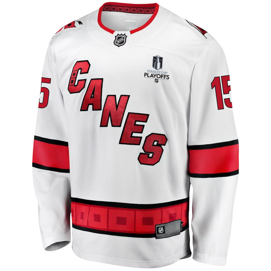 Dylan Coghlan 15 Carolina Hurricanes Stanley Cup 2023 Playoffs Patch Away Breakaway Men Stitched Jersey – White