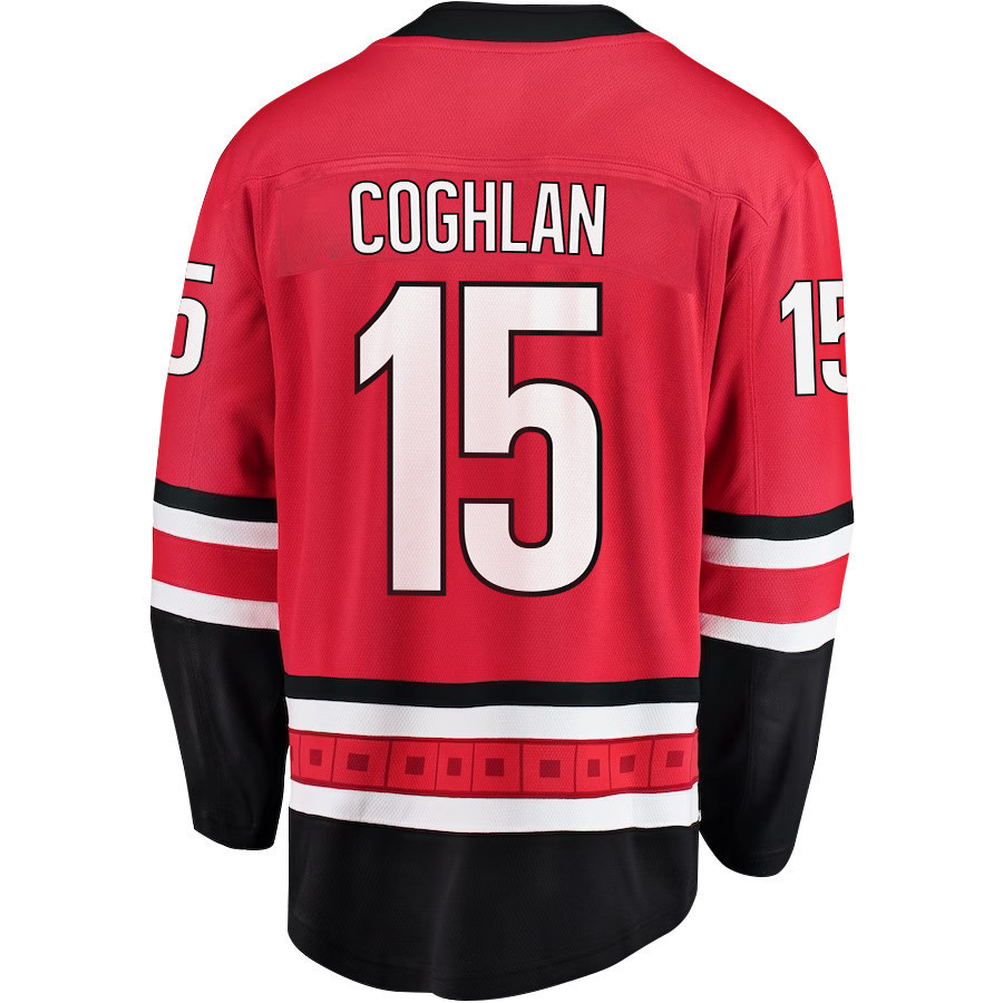 Dylan Coghlan 15 Carolina Hurricanes Stanley Cup 2023 Playoffs Patch Home Breakaway Men Stitched Jersey – Red