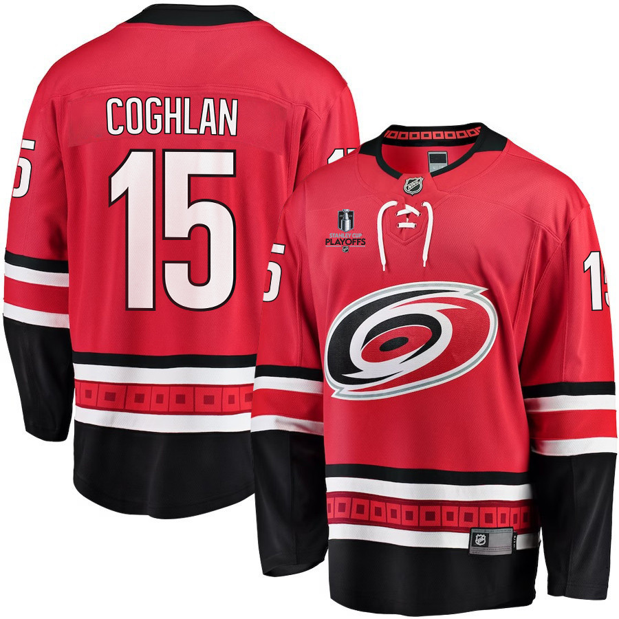 Dylan Coghlan 15 Carolina Hurricanes Stanley Cup 2023 Playoffs Patch Home Breakaway Men Stitched Jersey – Red