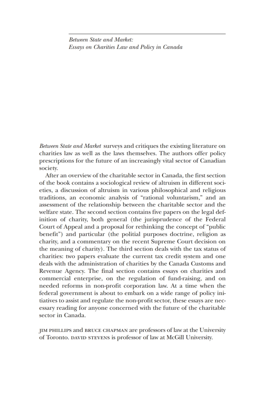Between State and Market Essay on Charities Law and Policy in Canada 