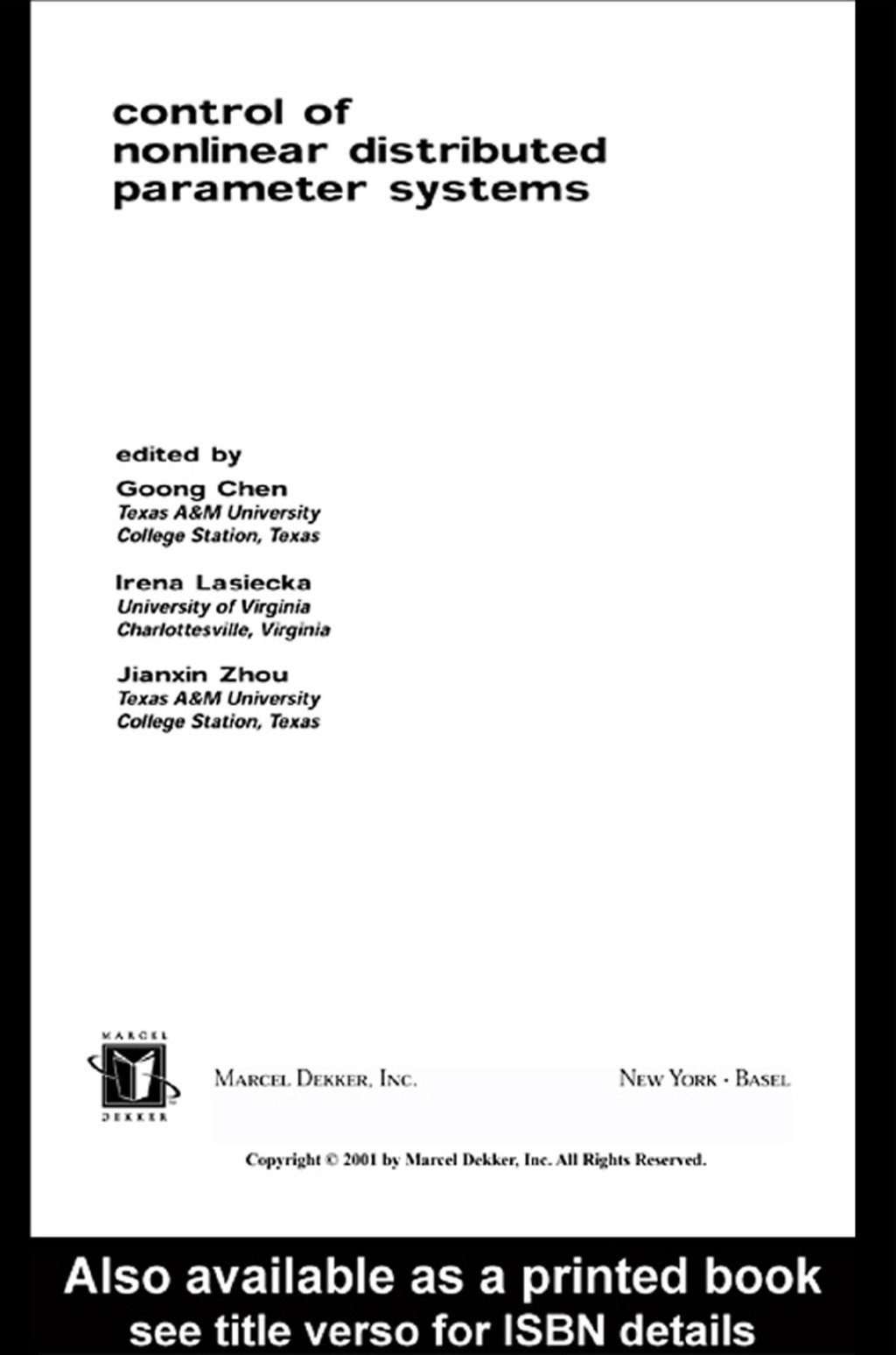 Control Of Nonlinear Distributed Parameter Systems 1st Edition