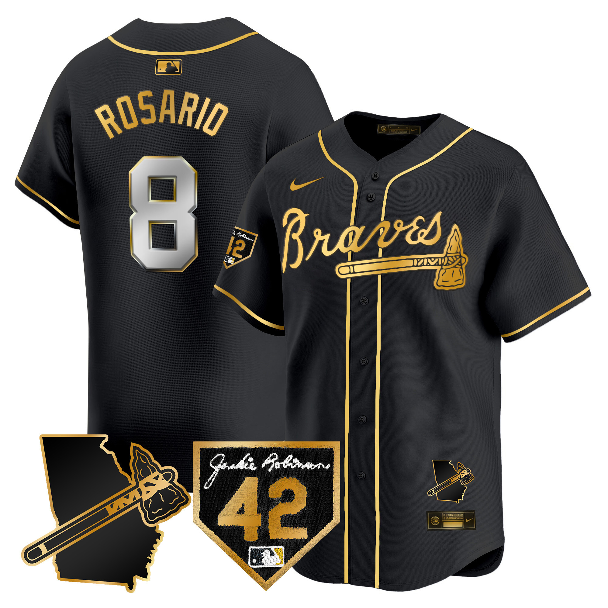 Eddie Rosario Men's Atlanta Braves 2024 Robinson & Georgia Patch Vapor Premier Limited Black Gold Jersey - All Stitched