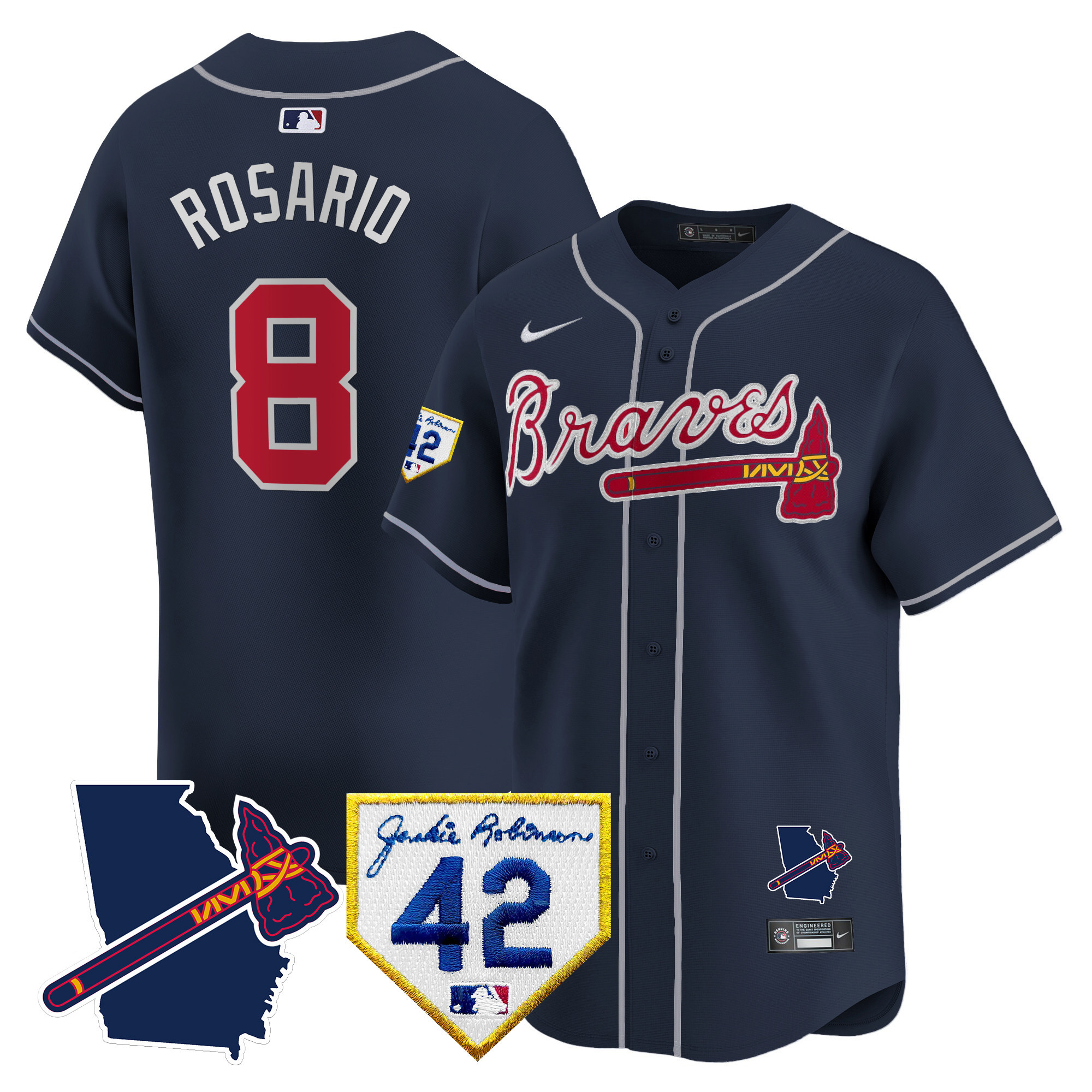 Eddie Rosario Men's Atlanta Braves 2024 Robinson & Georgia Patch Vapor Premier Limited Navy Jersey - All Stitched
