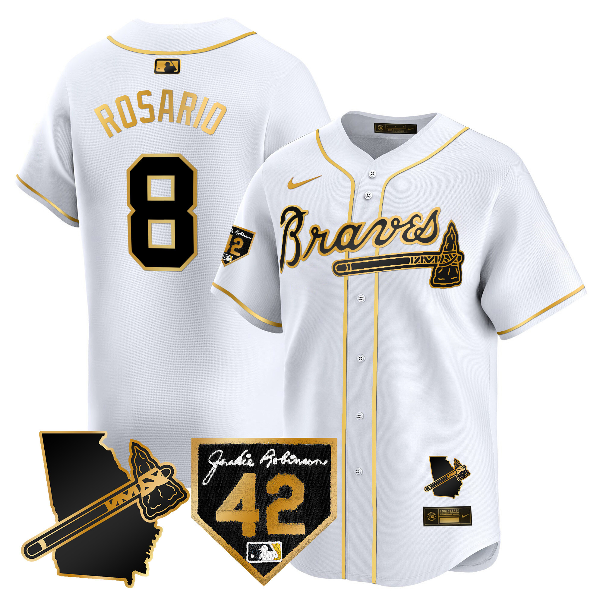 Eddie Rosario Men's Atlanta Braves 2024 Robinson & Georgia Patch Vapor Premier Limited White Gold Jersey - All Stitched