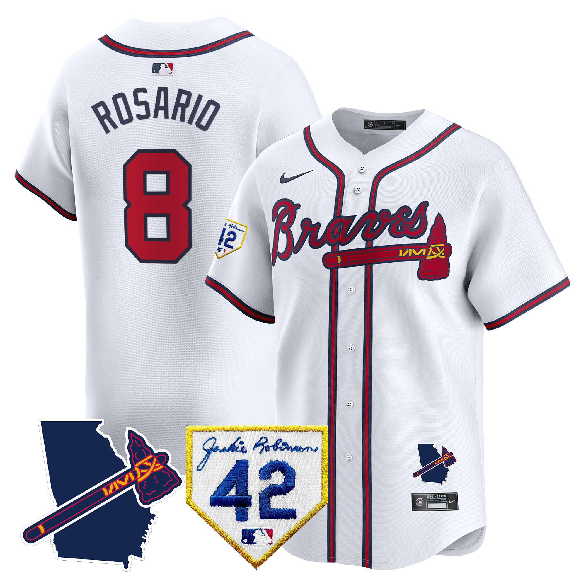 Eddie Rosario Men's Atlanta Braves 2024 Robinson & Georgia Patch Vapor Premier Limited White Jersey - All Stitched