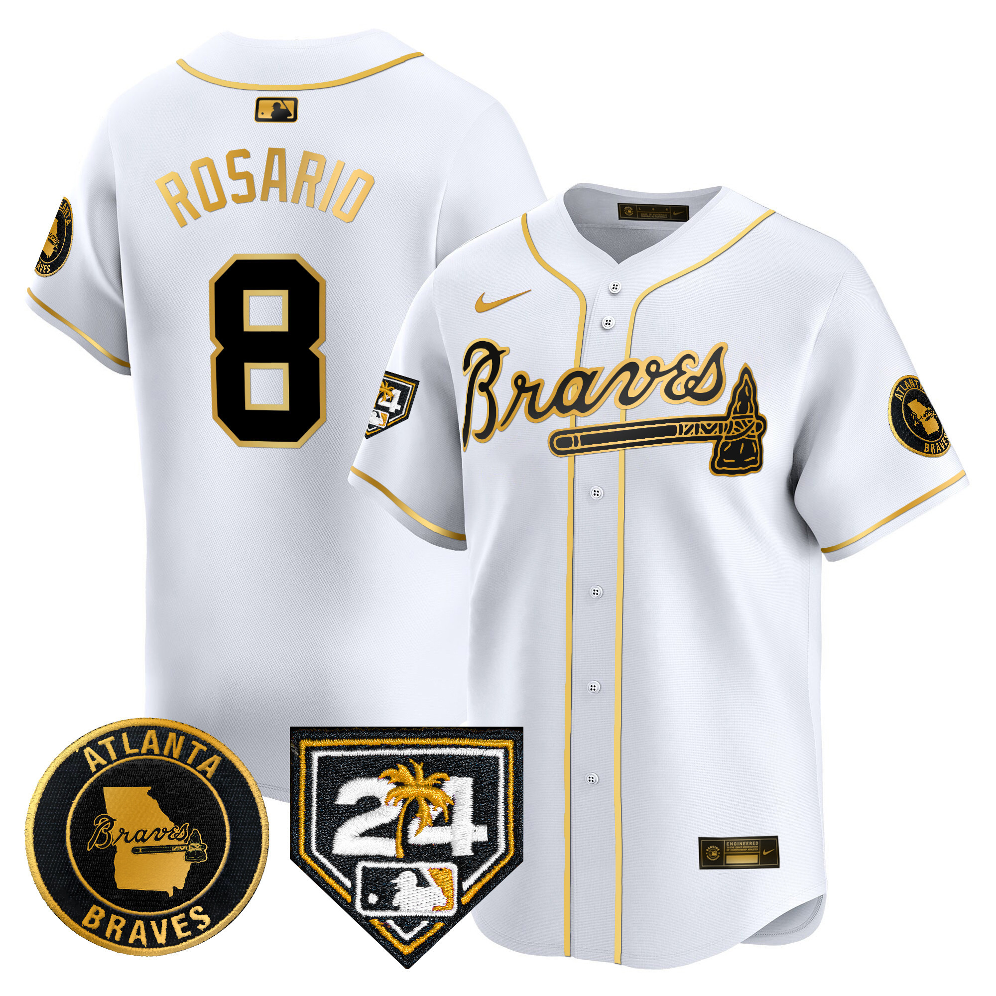 Eddie Rosario Men's Atlanta Braves 2024 Spring Training Patch Vapor Premier Limited White Gold Jersey - All Stitched