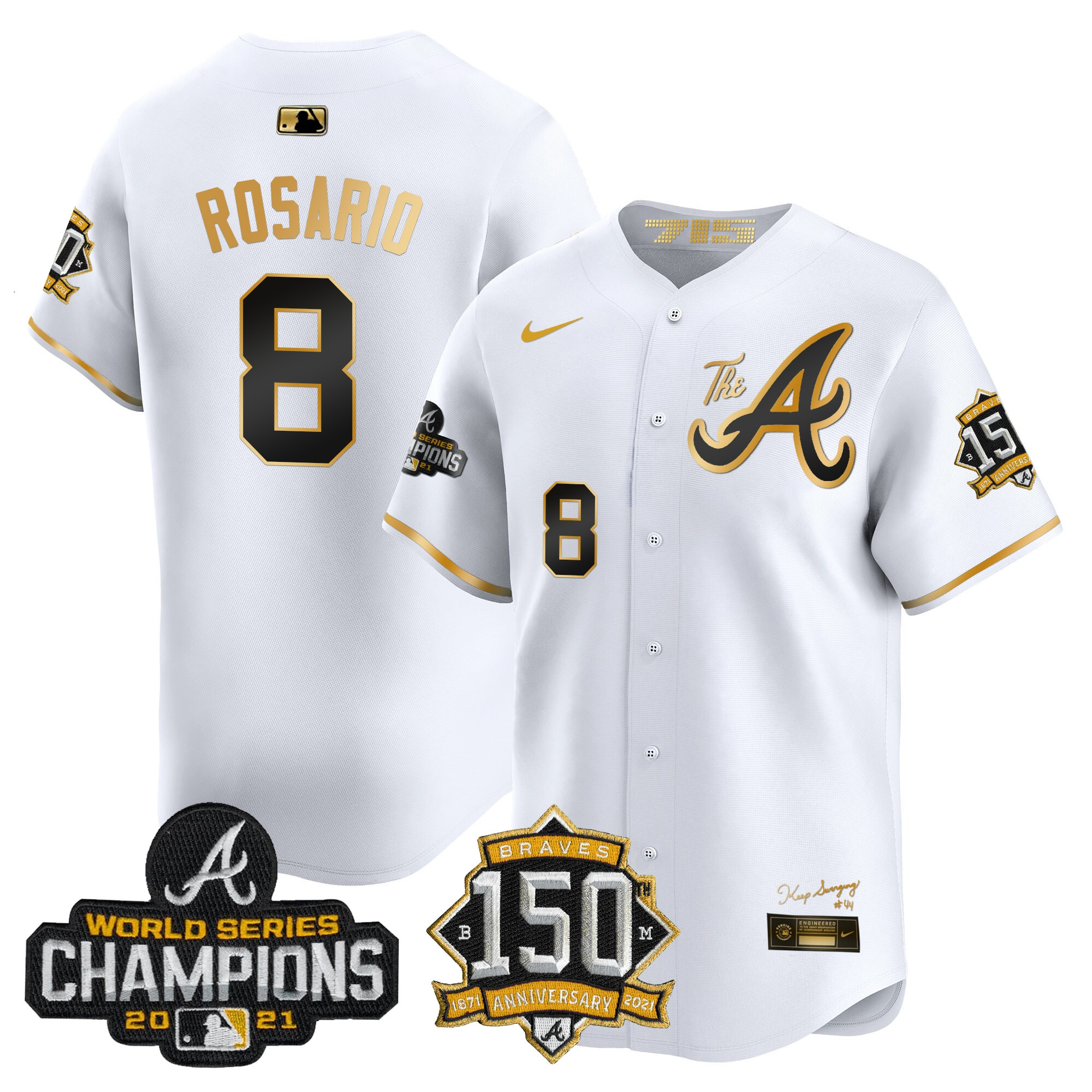 Eddie Rosario Men's Atlanta Braves Champions & 150th Patch Vapor Premier Limited White Gold Jersey - All Stitched