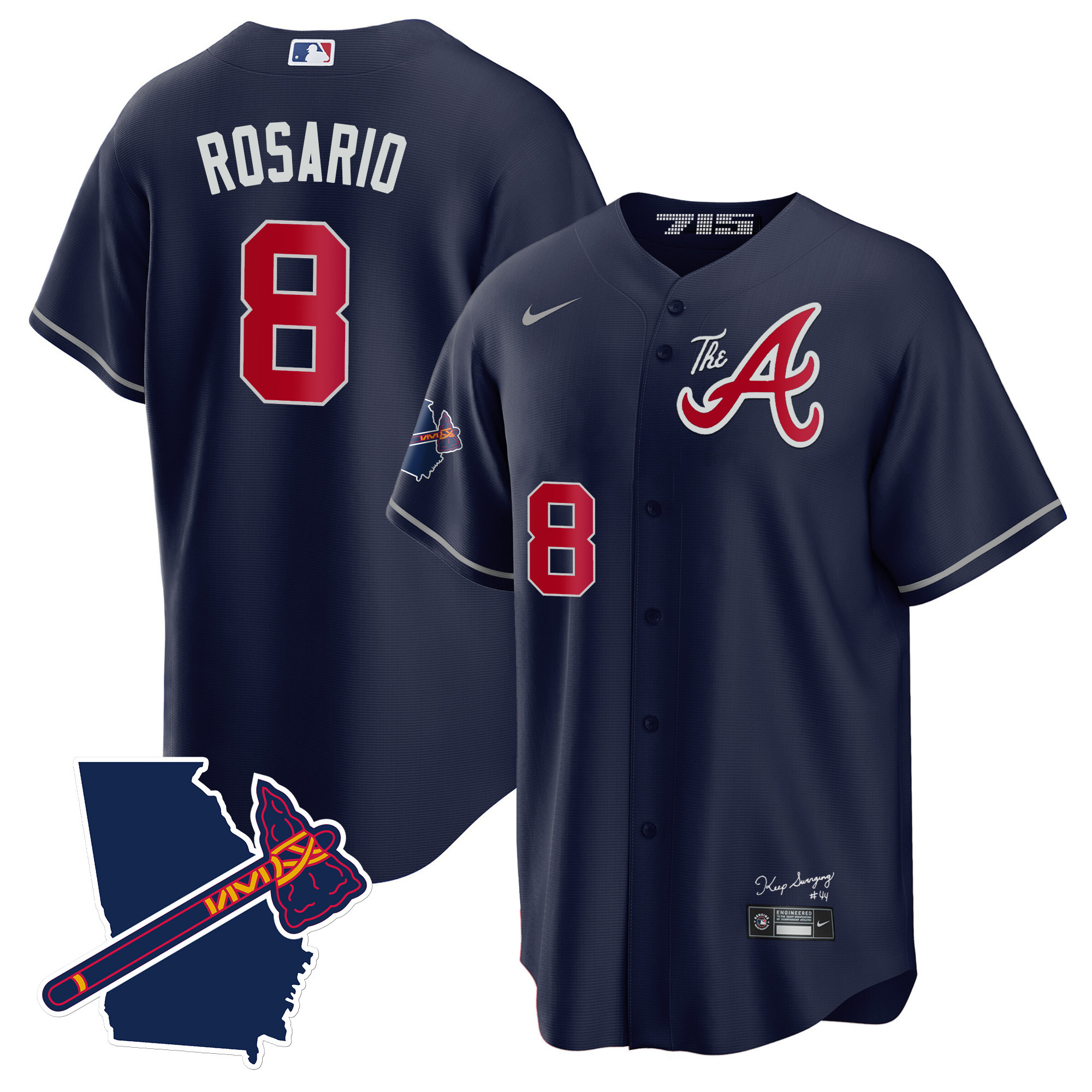 Eddie Rosario Men's Atlanta Braves The A Gold Cool Base - Georgia Patch Navy Jersey - All Stitched