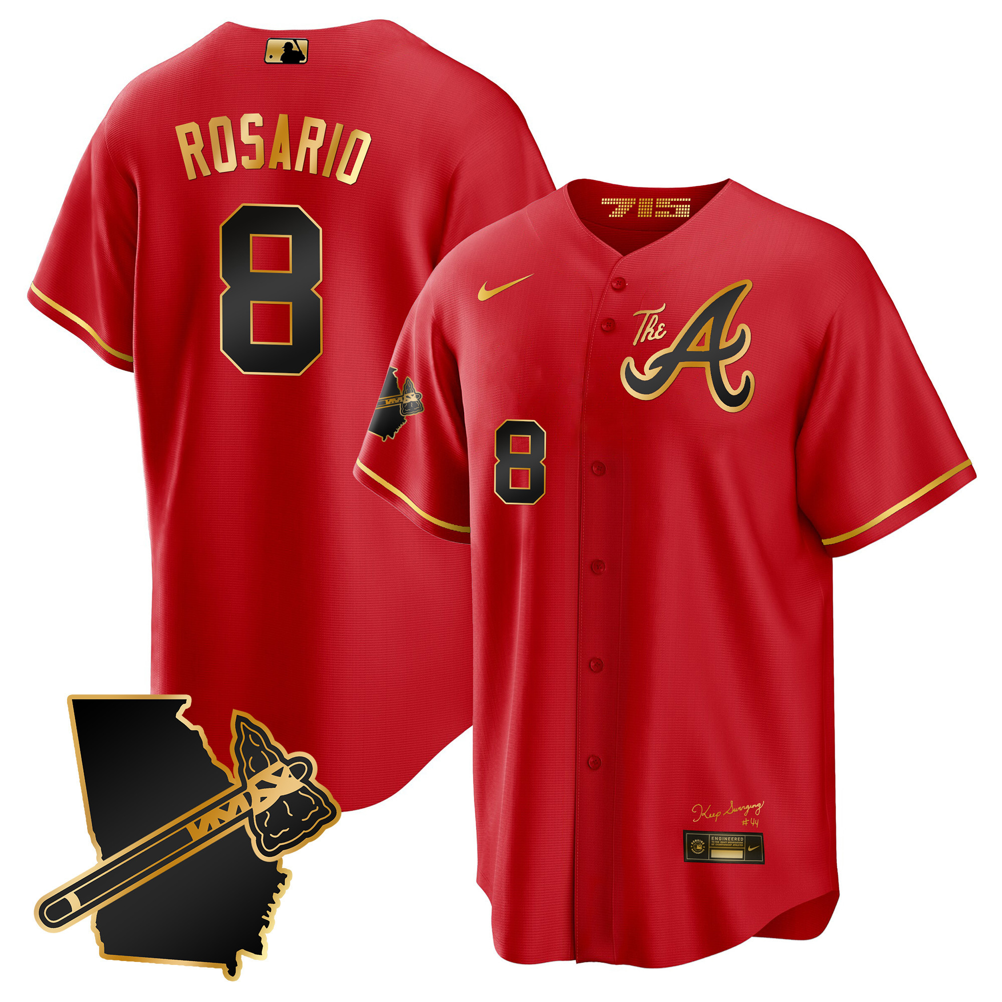 Eddie Rosario Men's Atlanta Braves The A Gold Cool Base - Georgia Patch Red Gold Jersey - All Stitched