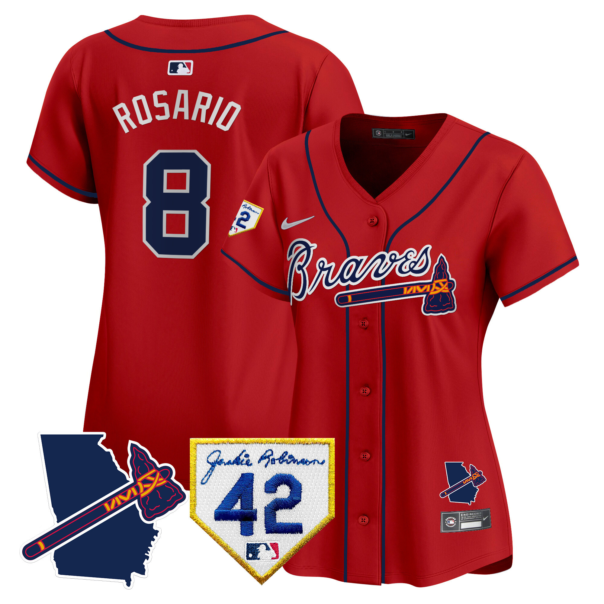 Eddie Rosario Women's Atlanta Braves 2024 Robinson & Georgia Patch Vapor Premier Limited Red Jersey - All Stitched