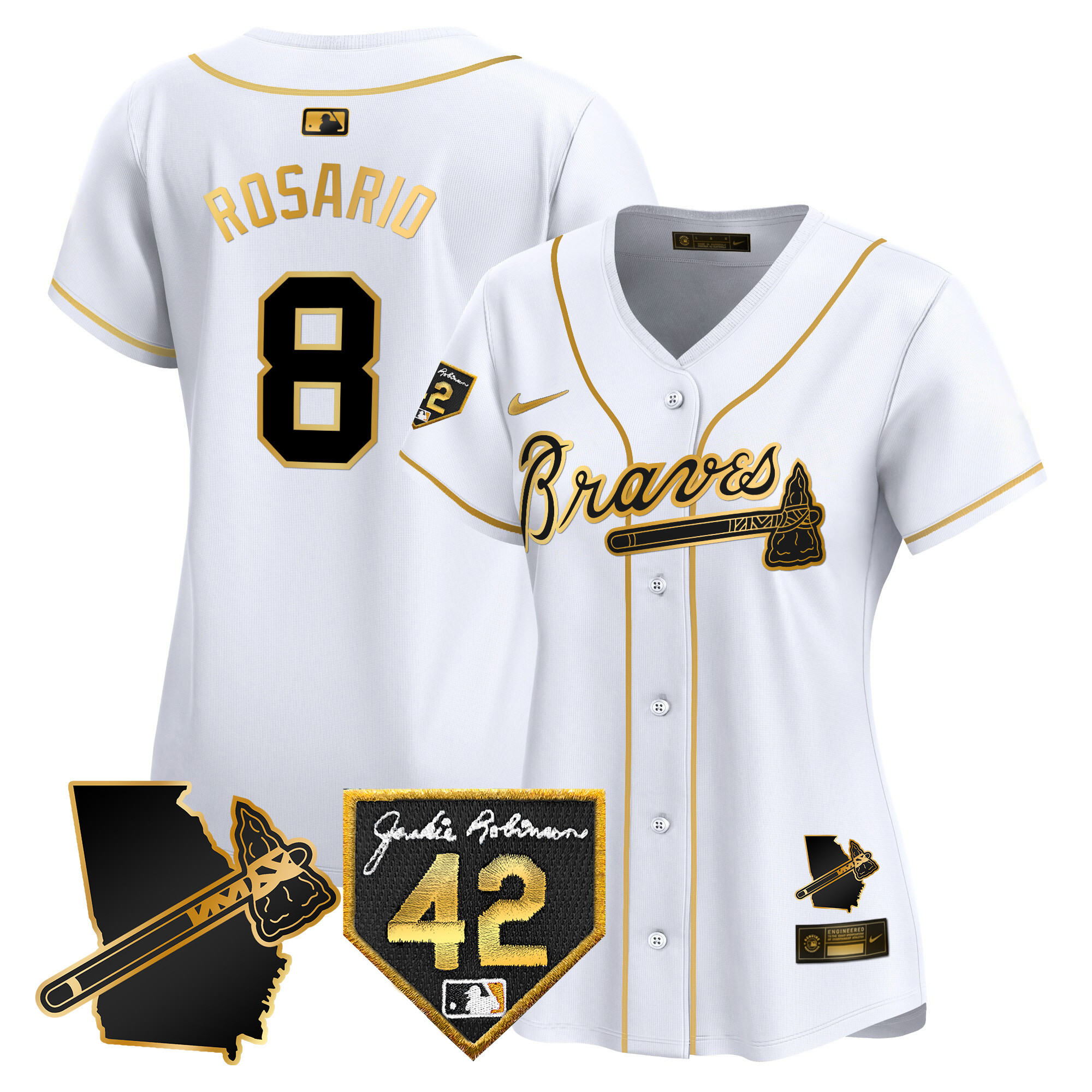 Eddie Rosario Women's Atlanta Braves 2024 Robinson & Georgia Patch Vapor Premier Limited White Gold Jersey - All Stitched