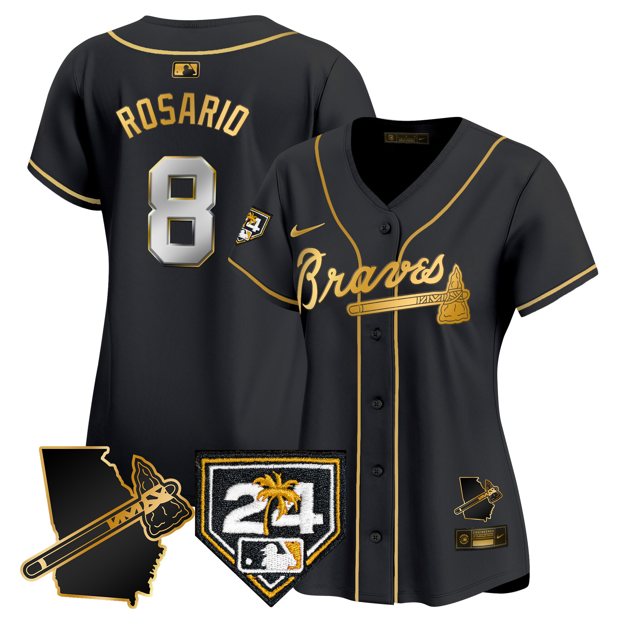 Eddie Rosario Women's Atlanta Braves 2024 Spring Training & Georgia Patch Vapor Premier Limited Black Gold Jersey - All Stitched