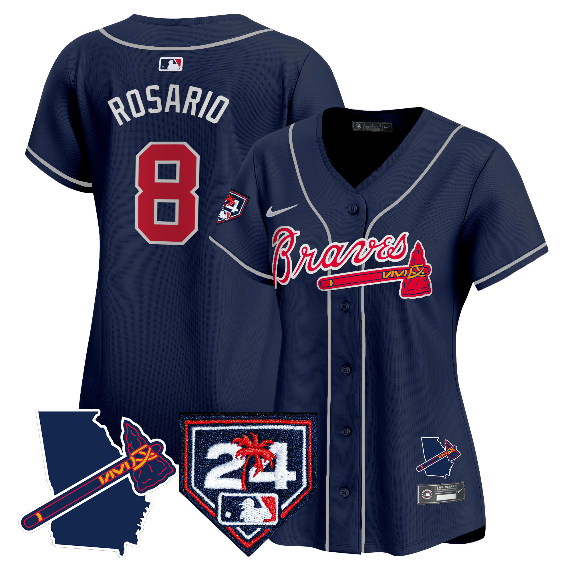 Eddie Rosario Women's Atlanta Braves 2024 Spring Training & Georgia Patch Vapor Premier Limited Navy Jersey - All Stitched