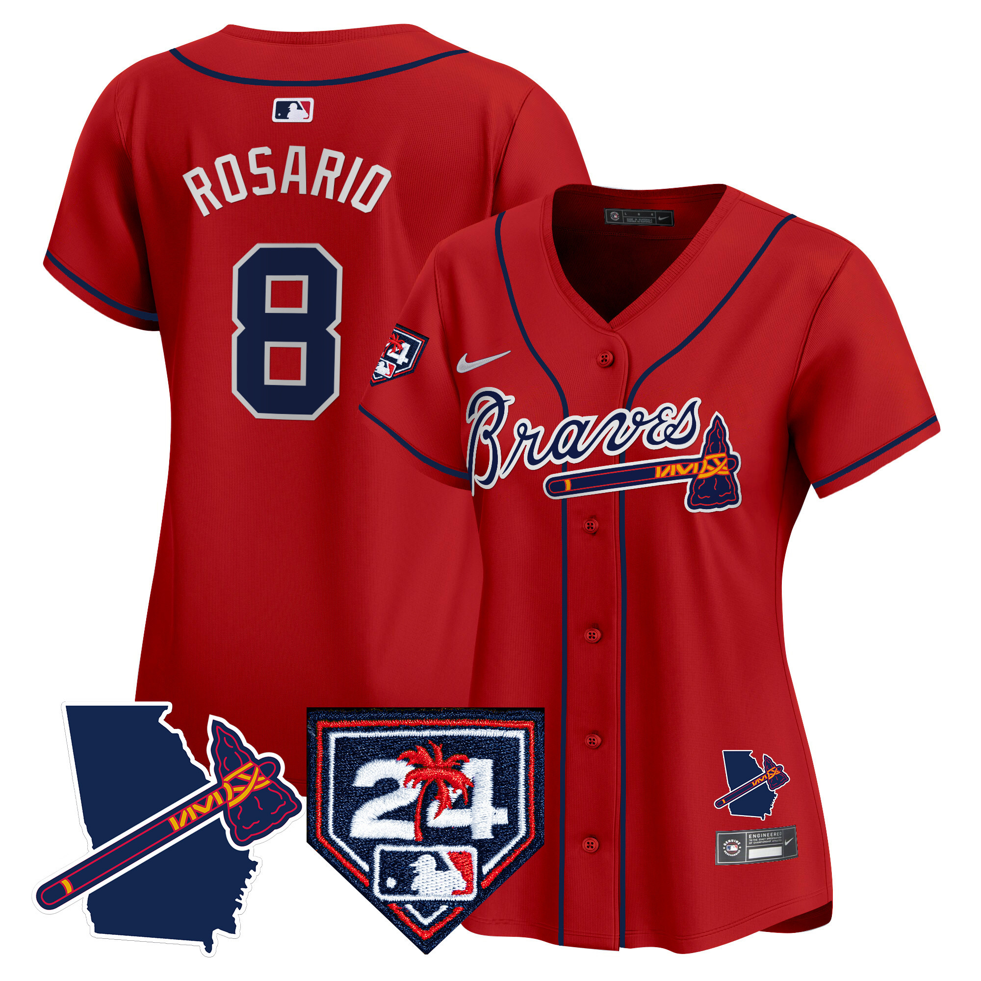 Eddie Rosario Women's Atlanta Braves 2024 Spring Training & Georgia Patch Vapor Premier Limited Red Jersey - All Stitched