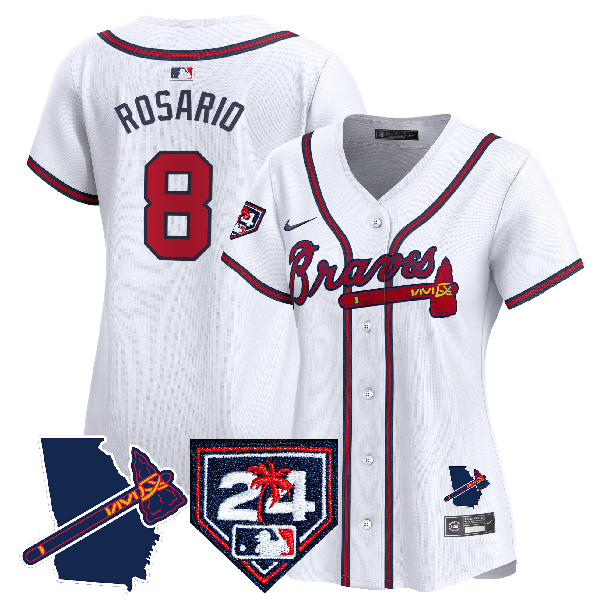 Eddie Rosario Women's Atlanta Braves 2024 Spring Training & Georgia Patch Vapor Premier Limited White Jersey - All Stitched