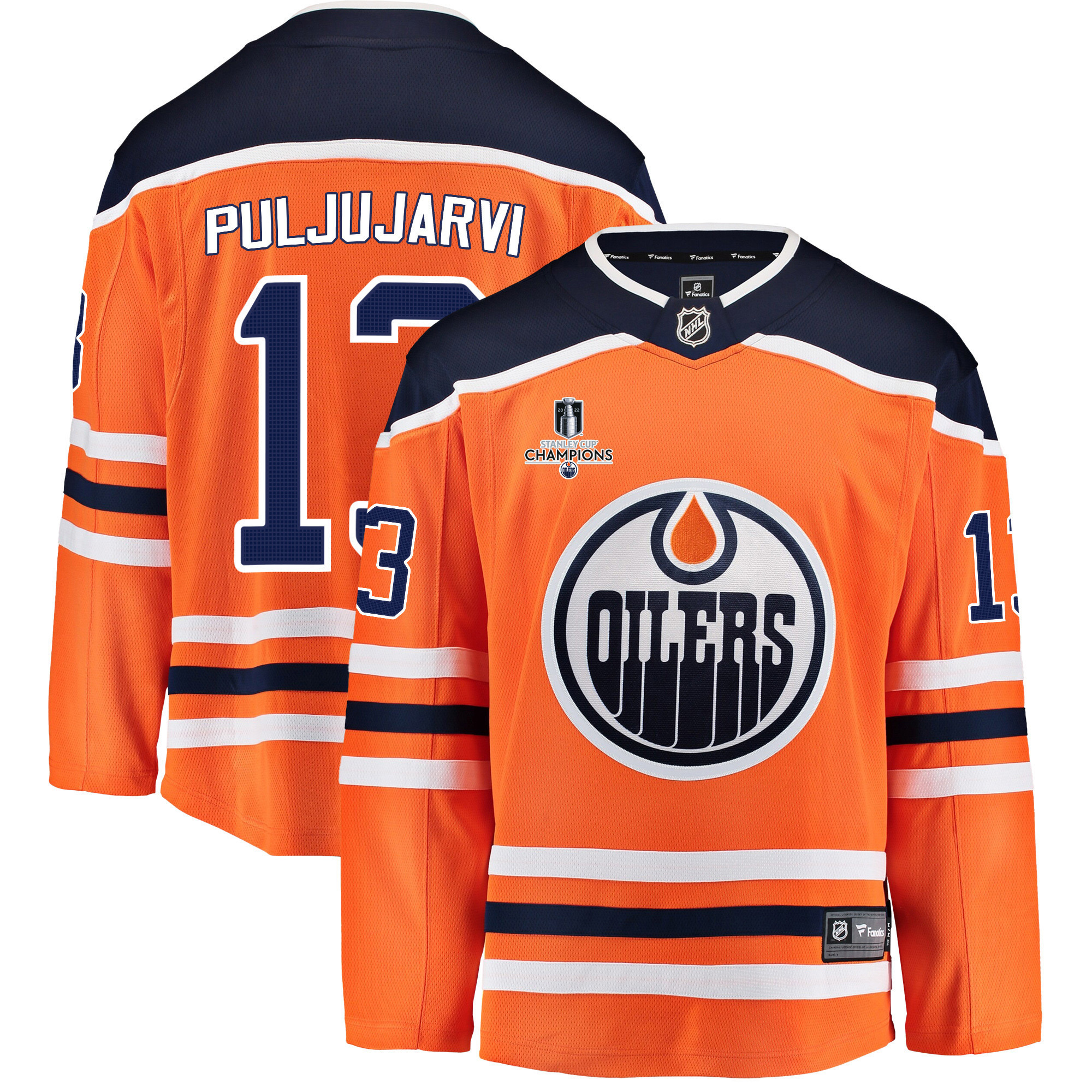 Edmonton Oilers Jesse Puljujarvi 13 Home 2022 Stanley Cup Champions Breakaway Men Stitched Jersey – Orange