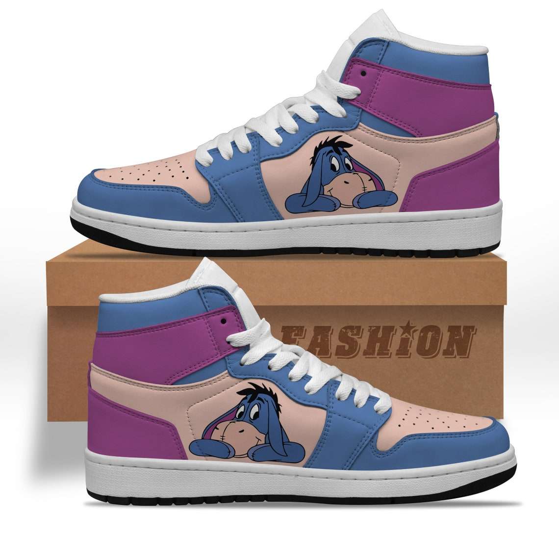 Eeyore Donkey Winnie The Pooh Purple Blue JD Sneakers Shoes, Air Jordan Hightop