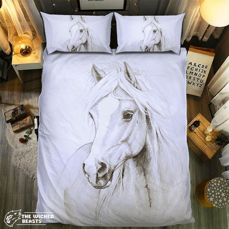 Elegant White Horse Portrait 3D Customized Duvet Cover Bedding Set