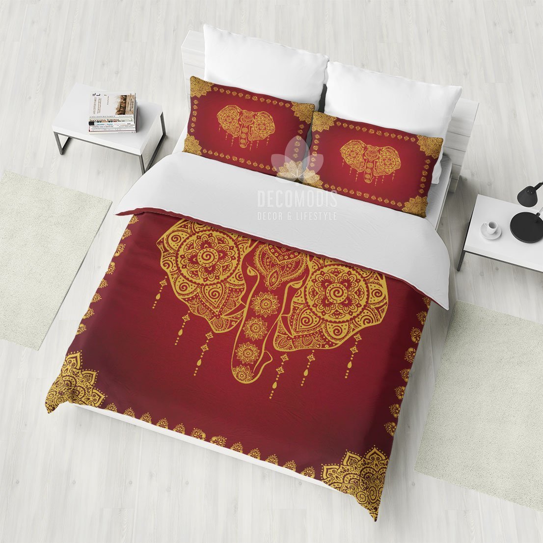 Elephant , Golden Boho , Bohemian Ganesh Head , Hindu Art Duvet Cover Bedding Set
