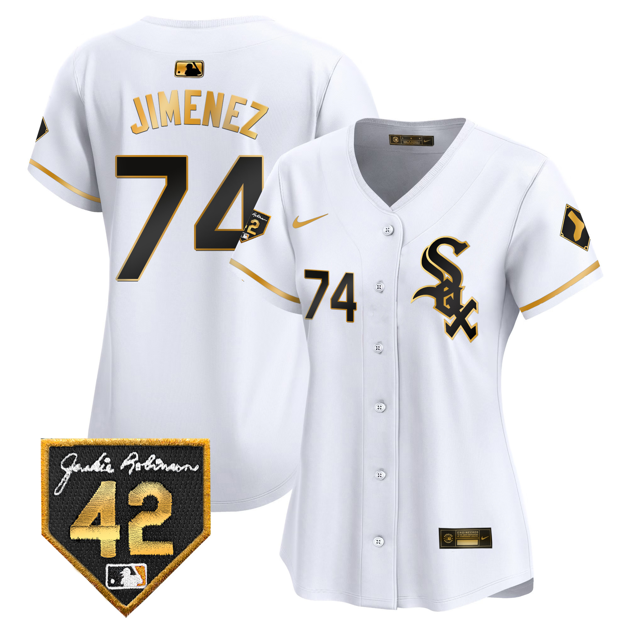 Eloy Jimenez Women's Chicago White Sox 2024 Jackie Robinson Patch Vapor Premier Limited White Gold Jersey - All Stitched