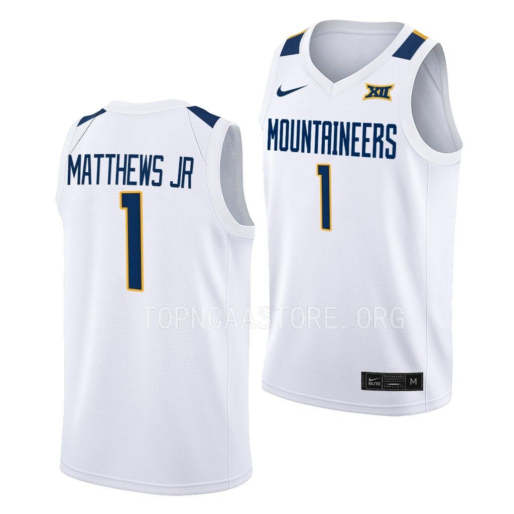 Emmitt Matthews Jr. West Virginia Mountaineers #1 White Home  Jersey 2022-23