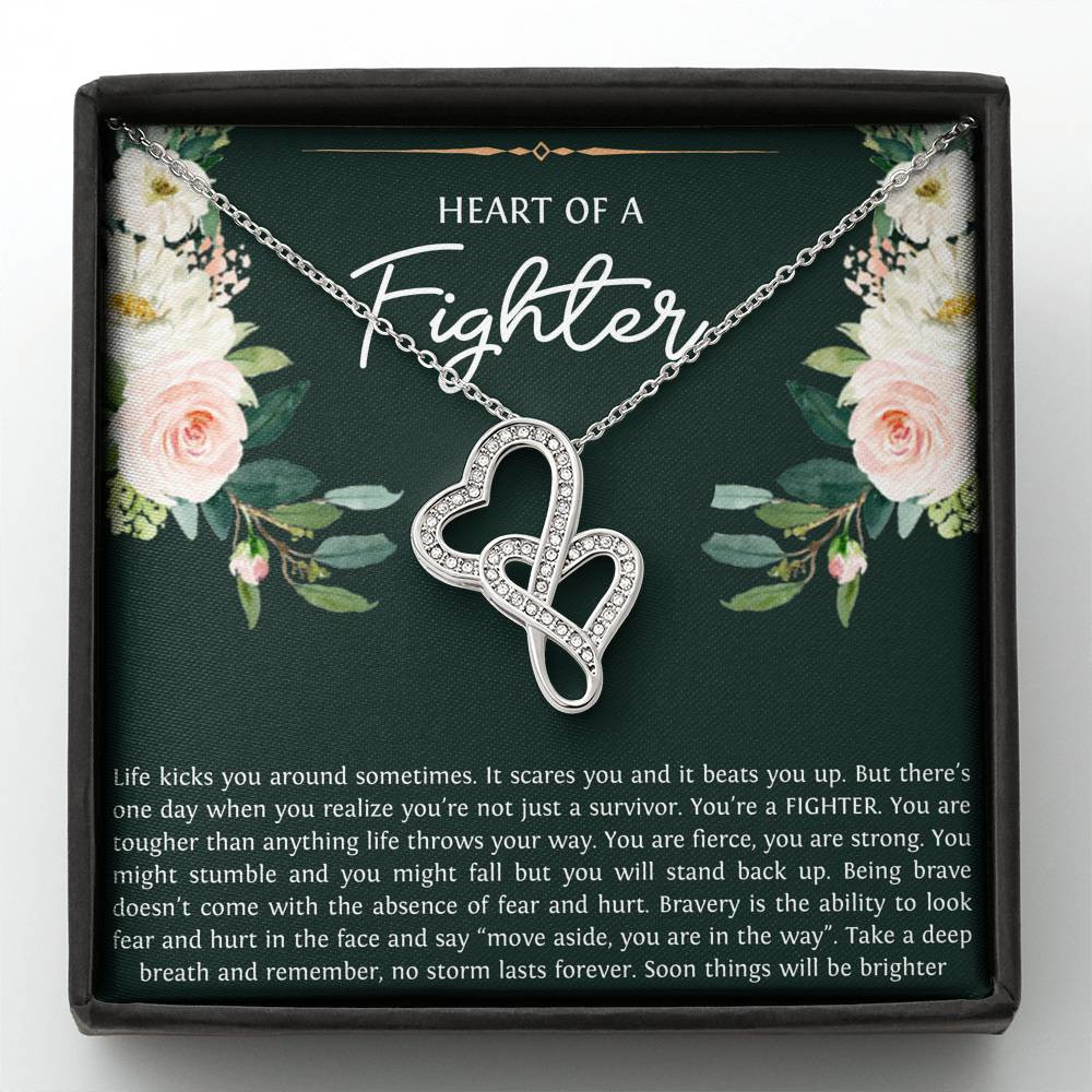 Encouragement Gifts, Heart of a Fighter, Motivational Double Heart Necklace For Women, Sympathy Inspiration Friendship Present