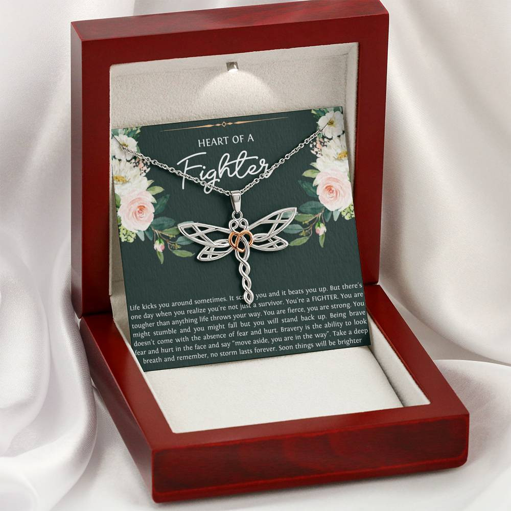 Encouragement Gifts, Heart of a Fighter, Motivational Dragonfly Necklace For Women, Sympathy Inspiration Friendship Present