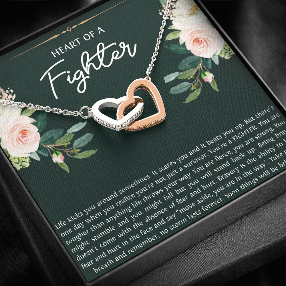 Encouragement Gifts, Heart of a Fighter, Motivational Interlocking Heart Necklace For Women, Sympathy Inspiration Friendship Present