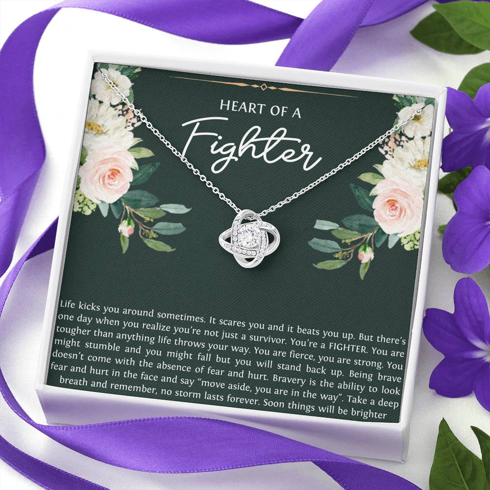 Encouragement Gifts, Heart of a Fighter, Motivational Love Knot Necklace For Women, Sympathy Inspiration Friendship Present
