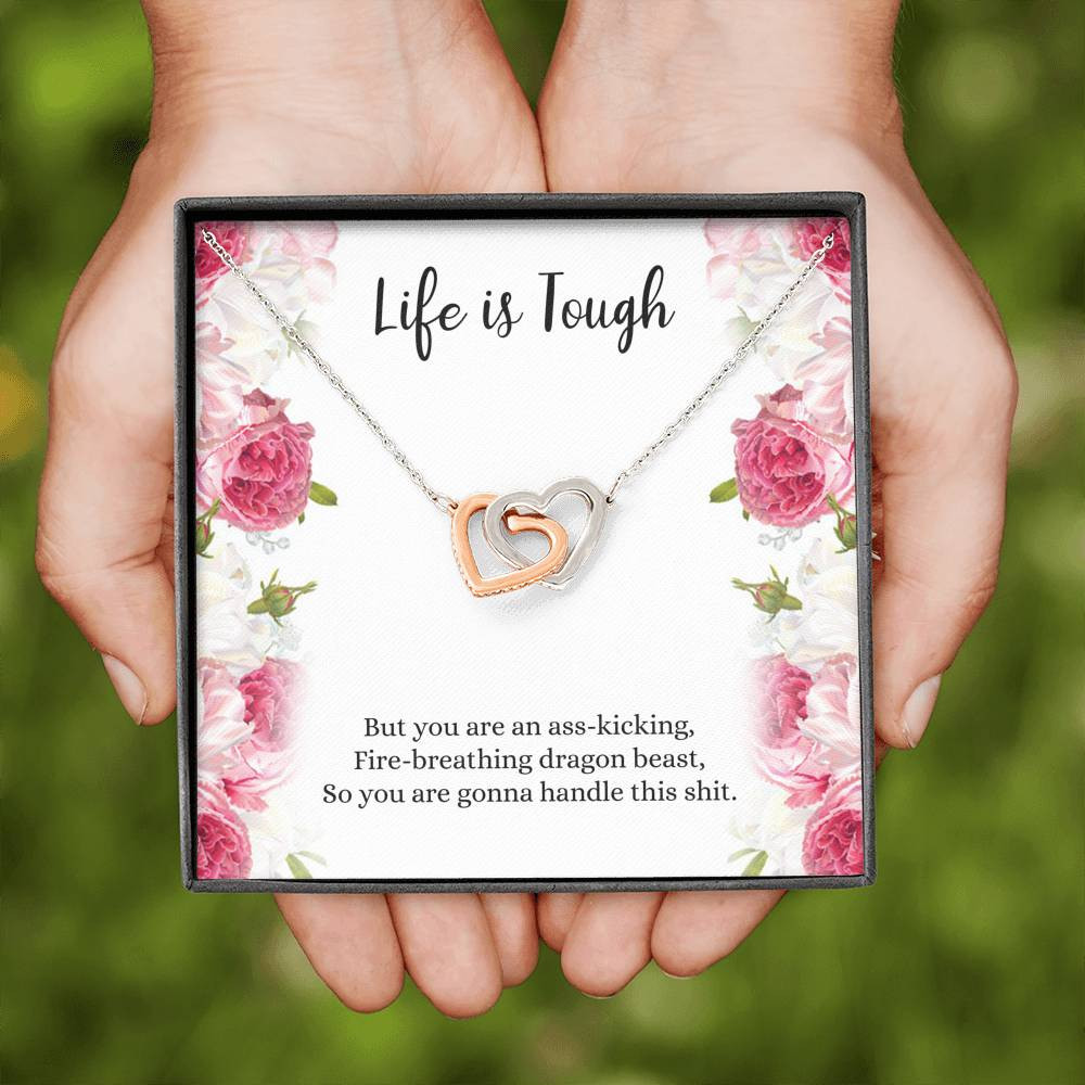 Encouragement Gifts, Life Is Tough, Motivational Interlocking Heart Necklace For Women, Sympathy Inspiration Friendship Present