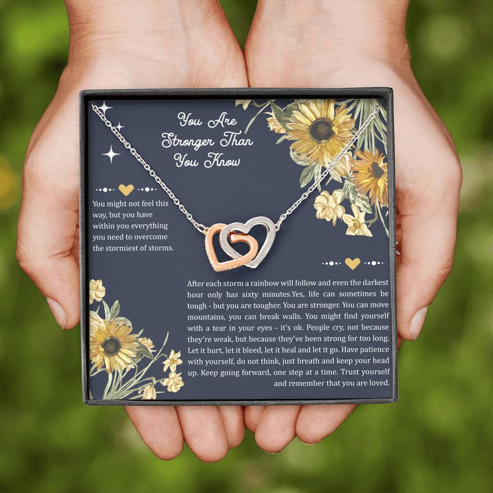 Encouragement Gifts, You Are Stronger, Motivational Interlocking Heart Necklace For Women, Sympathy Inspiration Friendship Present